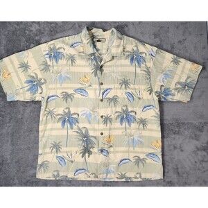 Tommy Bahama Mens XL 100% Silk Striped Hawaiian Palm Trees Birds Button Up Shirt